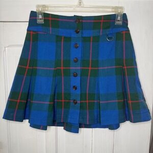 SO High Rise Plaid Size 7 Mini Skirt Blue Green Pleated Button Front Schoolgirl